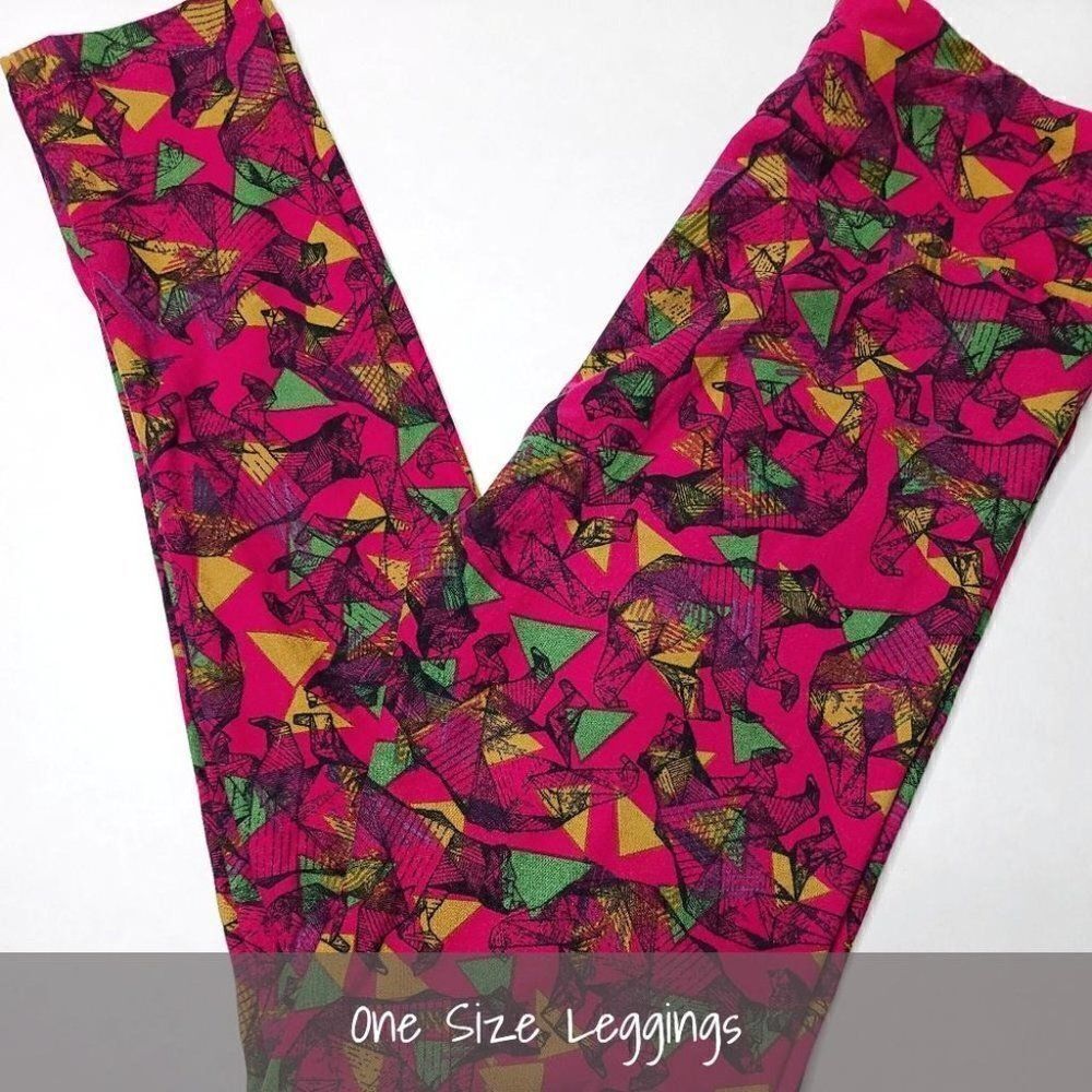LuLaRoe OS Leggings Bears Pink Yellow Green Mosaic NEW